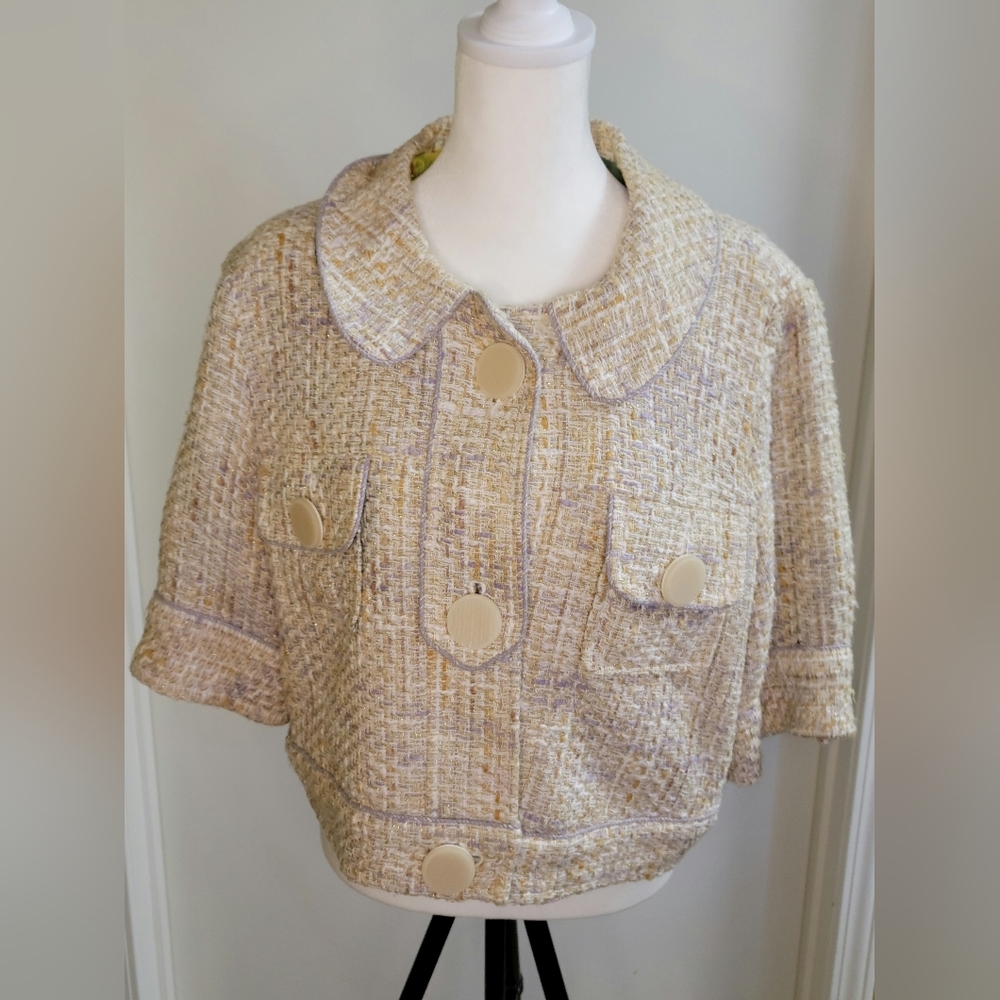 Kenar || Academia || Cropped Tweed Jacket Cream w/ floral inner lining